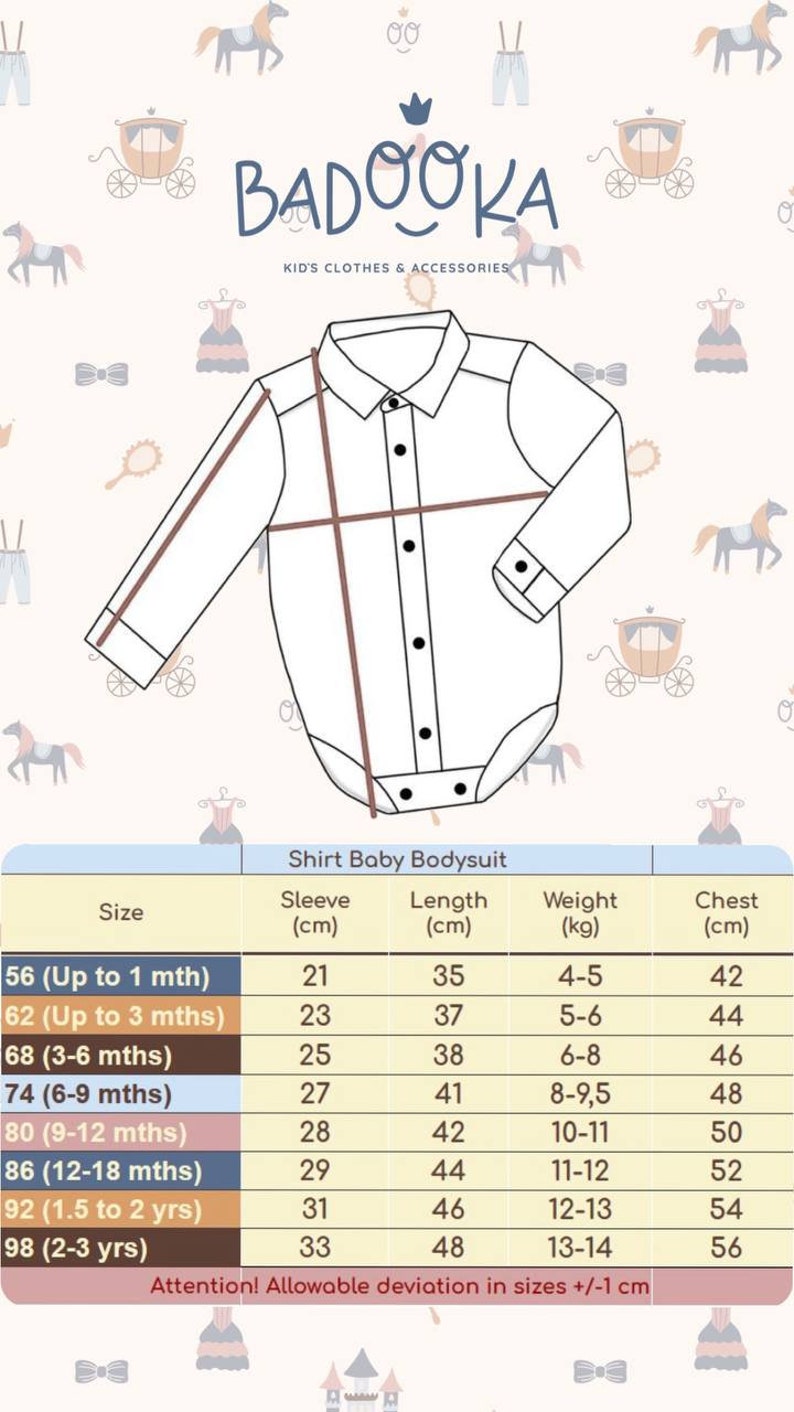 May include: Size chart for a white baby bodysuit with long sleeves and button closure. The chart shows sizes in months and years, along with corresponding sleeve length, body length, weight, and chest measurements in centimeters.