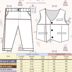 May include: Size chart for classic trousers and vests for babies and toddlers. The chart shows sizes in inches and kilograms, with corresponding hip and chest measurements. The chart includes sizes from 56 (up to 1 month) to 98 (2-3 years).