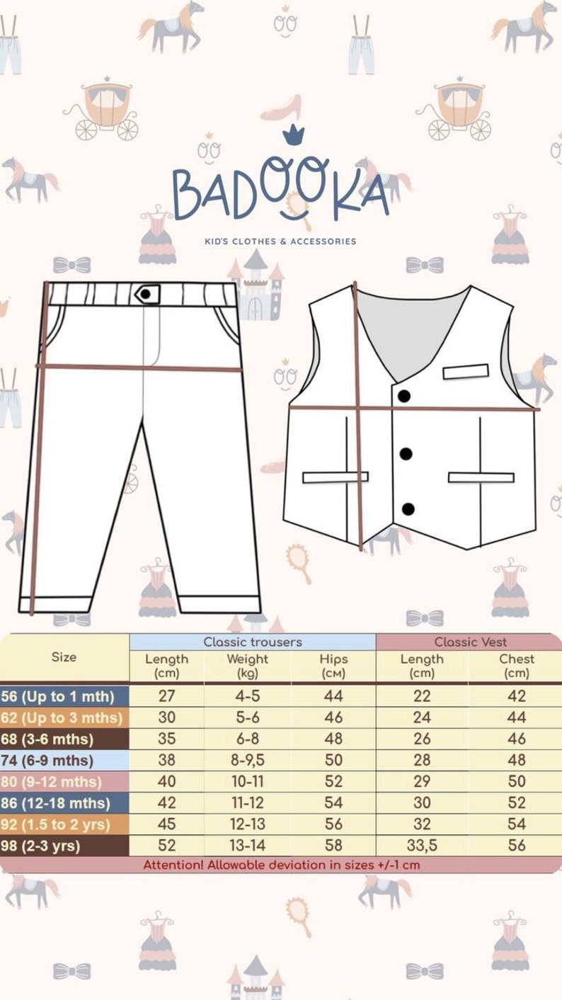 May include: Size chart for classic trousers and vests for babies and toddlers. The chart shows sizes in inches and kilograms, with corresponding hip and chest measurements. The chart includes sizes from 56 (up to 1 month) to 98 (2-3 years).