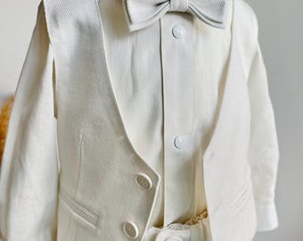 White Linen Boys Suit: Vest, Shirt, Pants & Bow Tie - Wedding Outfit
