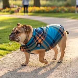 May include: A tan bulldog wearing a blue, orange, and brown plaid fleece dog vest. The vest features a small black rectangular tag on the side with a white graphic logo. The garment covers the back and chest area of the dog, providing a snug fit.