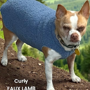 May include: A small dog wearing a blue curly faux lamb sherpa dog coat. The dog has brown and white fur and is standing on a dirt path with a green background. The text "Curly FAUX LAMB SHERPA" is at the bottom of the image.