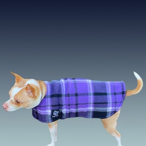 May include: A small dog wearing a purple and black plaid fleece dog coat. The coat has a collar and a small patch with a logo. The dog is tan and white with its tail up.