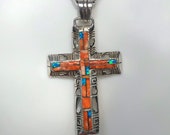 Mid-Century 1950s Sterling Spiny Oyster Opal Cross Inlaid Pendant with Zuni Navajo Style Inlay 10.4 Grams