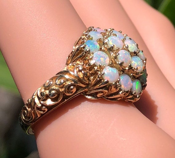 Exquisite Deeply Carved 9k Yellow Gold White Opal… - image 2
