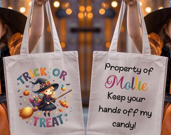 Halloween Tote Bag, Personalized Trick or Treat Bag, Custom Halloween Tote, Witchy Vibes Tote, Halloween Gift, Cute Witch Shoulder Bag