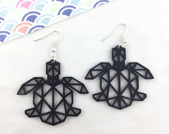 Turtle Dangle Earrings. Large Statement Geometric Animal Jewelry. Handmade Unique Gift For Women. Black Or White Acrylic. Origami inspired.