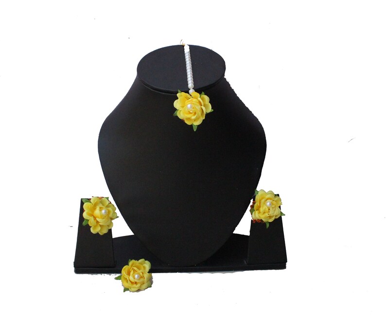 Yellow Flower Pearl Jewellery Set Earrings Ring Jewellery Set Tikka Maang Necklace