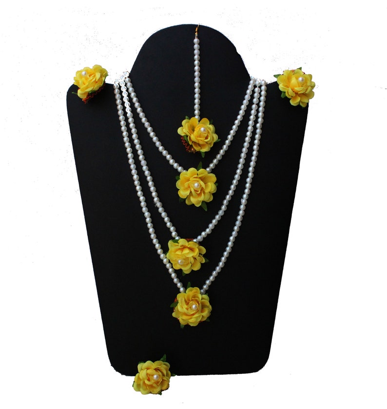 Yellow Flower Pearl Jewellery Set Earrings Ring Jewellery Set Tikka Maang Necklace