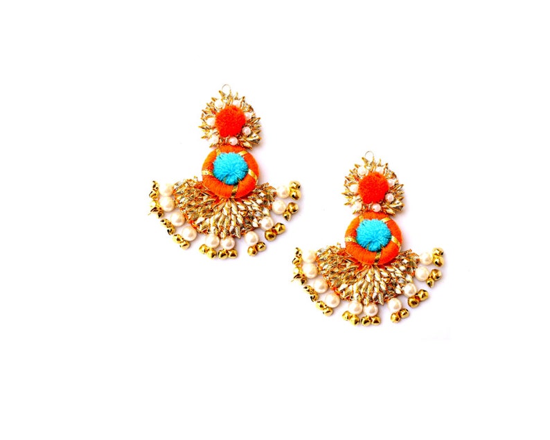 Jewellery Set Bangles Earring Ring Sky Blue Orange Golden Gotta Patti Jewellery Maangtikka