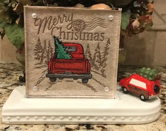 Merry Christmas Truck Embroidered Panel for Nora Fleming butter dish and/or magnetic frame