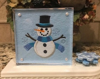 Snowman Embroidered Panel for Nora Fleming butter dish and/or magnetic frame
