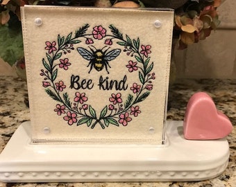 Bee Kind Embroidered Panel for Nora Fleming butter dish and/or magnetic frame (pink flowers)