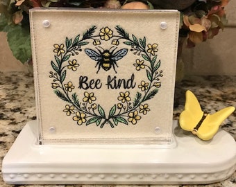 Bee Kind Embroidered Panel for Nora Fleming butter dish and/or magnetic frame (yellow flowers)