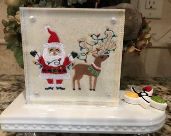 Santa and Reindeer with Christmas Lights Embroidered Panel for Nora Fleming butter dish and/or magnetic frame