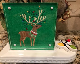 Reindeer with Christmas Lights Embroidered Panel for Nora Fleming butter dish and/or magnetic frame