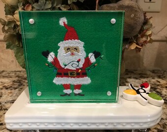 Santa with Christmas Lights Embroidered Panel for Nora Fleming butter dish and/or magnetic frame