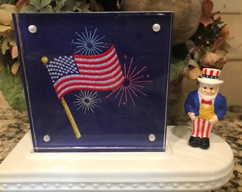 4th of July Flag Embroidered Panel for Nora Fleming butter dish and/or magnetic frame