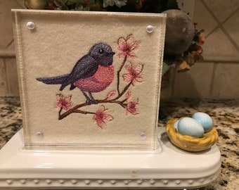 Summer Bird Embroidered Panel for Nora Fleming butter dish and/or magnetic frame