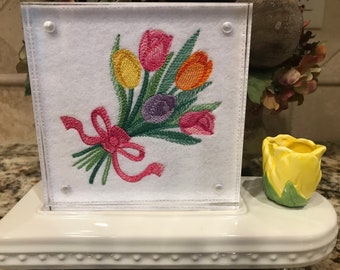 Tulips Embroidered Panel for Nora Fleming butter dish and/or magnetic frame