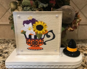 Halloween Teacup Embroidered Panel for Nora Fleming butter dish and/or magnetic frame