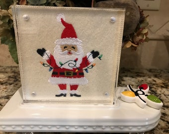 Santa with Christmas Lights Embroidered Panel for Nora Fleming butter dish and/or magnetic frame