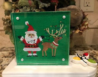 Santa and Reindeer with Christmas Lights Embroidered Panel for Nora Fleming butter dish and/or magnetic frame