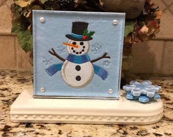 Snowman w/holly Embroidered Panel for Nora Fleming butter dish and/or magnetic frame