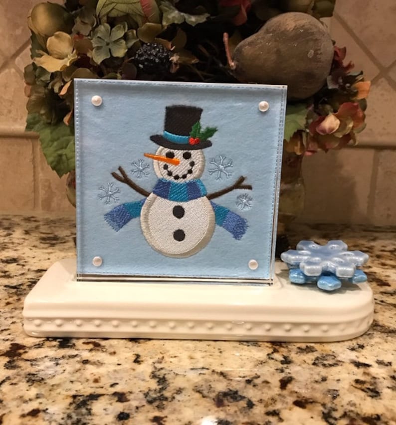 Snowman W/holly Embroidered Panel for Nora Fleming Butter Dish And/or