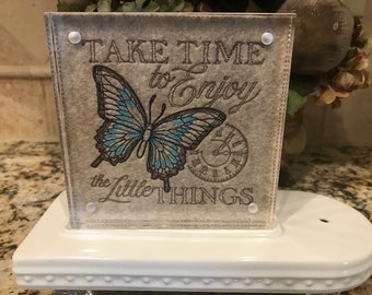 Butterfly Embroidered Panel for Nora Fleming butter dish and/or magnetic frame