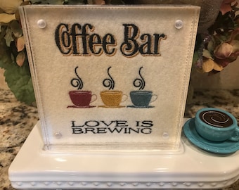 Coffee Bar Embroidered Panel for Nora Fleming butter dish and/or magnetic frame