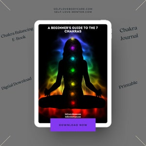 May include: A digital download of a beginner's guide to the 7 chakras, featuring a silhouette of a person in a yoga pose with colourful chakras along the spine. The text "A Beginner's Guide to the 7 Chakras" is at the top of the image, and the text "Download Now" is at the bottom.