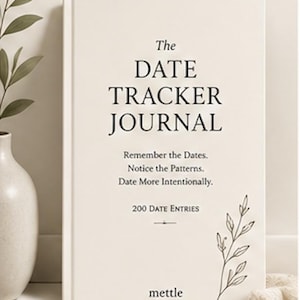 May include: A cream-colored hardcover journal titled The DATE TRACKER JOURNAL with the subtitle Remember the Dates. Notice the Patterns. Date More Intentionally. It features the text 200 DATE ENTRIES and mettle at the bottom with a line drawing of a leafy branch.