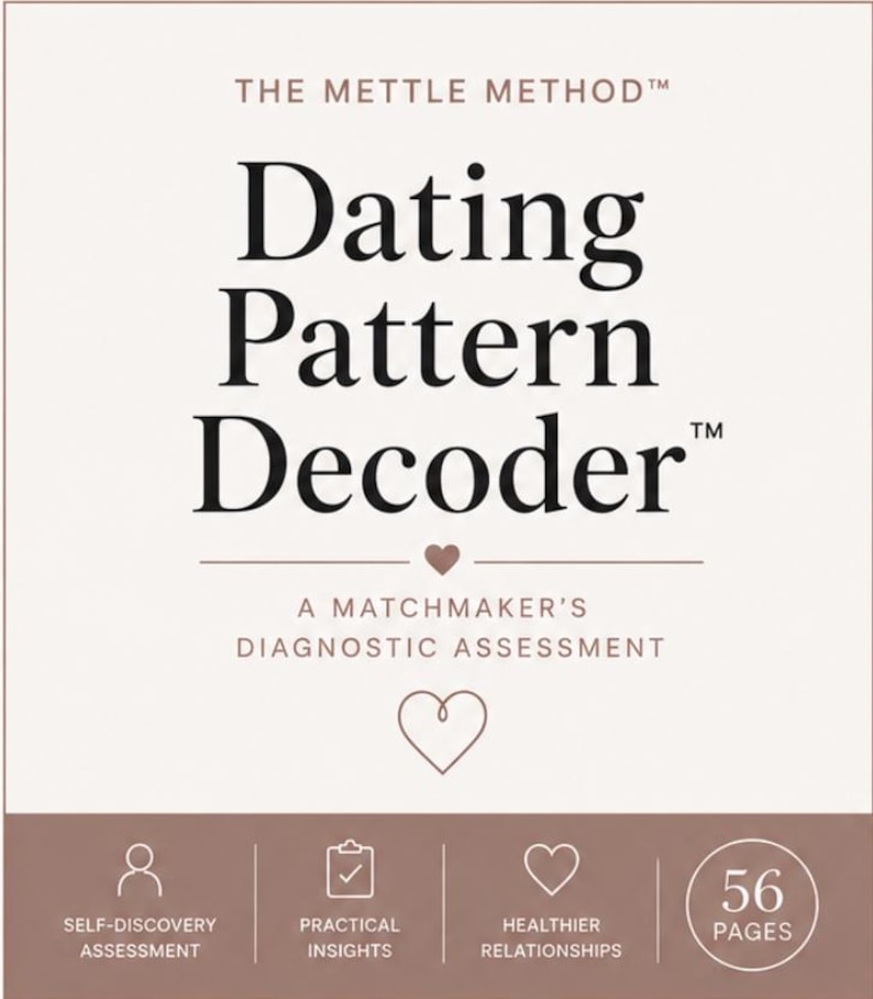 Peut inclure: Une couverture de livre carr&eacute;e avec un fond beige clair et un texte brun fonc&eacute; indiquant THE METTLE METHOD Dating Pattern Decoder A MATCHMAKER'S DIAGNOSTIC ASSESSMENT. Elle comporte des ic&ocirc;nes de c&oelig;ur et quatre ic&ocirc;nes en bas pour l'auto-d&eacute;couverte, les id&eacute;es, les relations et 56 pages.
