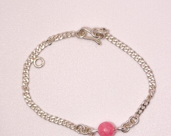 Bracelet argent 925 fait main perle quartz rose Madagascar 16cm Minimaliste vintage