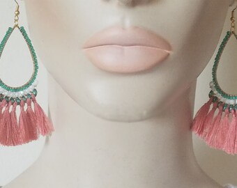 Handmade Miyuki fan-shaped dangle earrings with woven beads and a tassel, made in France.