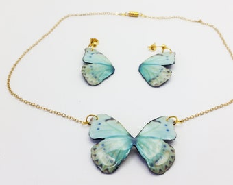 Butterfly necklace and earring set, gold-tone organza polymer butterfly jewelry set, boho hippie style, women's gift