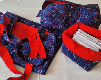 10 bamboo terry makeup remover wipes, matching reversible basket, matching reversible tote bag, matching zero-waste toiletry bag