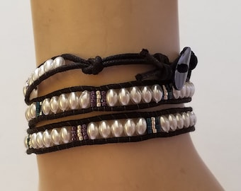 Tahiti bracelet with round black and white colored beads, handmade cuff bracelet from France