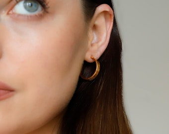 Gold Plated Beaten Flat Hoop Earrings