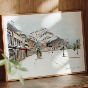 Impressão artística do Canadá, Banff, Alberta, América do Norte, pintura em aquarela de viagem