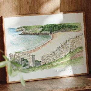 Barafundle Bay Art Print, Wales, Pembrokeshire, reizen aquarel schilderij
