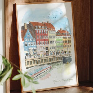 Kopenhagen, nieuwe haven, Nyhavn, Denemarken Travel Art Print, aquarel schilderij