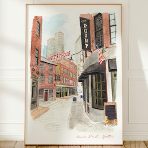 Boston, Massachusetts, Union Street, États-Unis, impression d'art de voyage, aquarelle