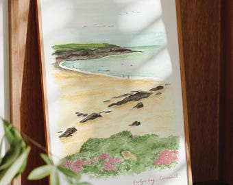 Cornwall Art Print, Harlyn Bay, Padstow, England, Travel Watercolour Painting