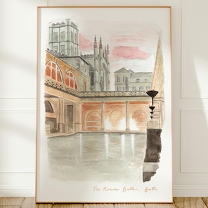 Bath Art Print, The Roman Baths, England, Travel Watercolour Painting