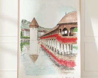 Lucerna, wydruk artystyczny, Szwajcaria, Most Kapliczny, akwarela podróżnicza