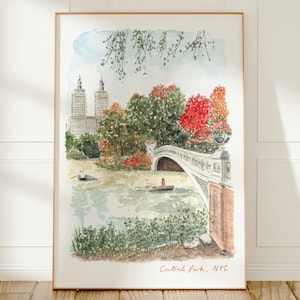 Central Park, New York City, Bow Bridge & The Lake, impression d&#39;art de voyage aux États-Unis, peinture à l&#39;aquarelle