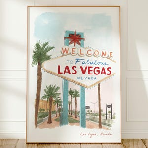 Las Vegas, cartel de bienvenida a la fabulosa Las Vegas, Nevada, EE. UU. Impresión artística de viaje, pintura en acuarela