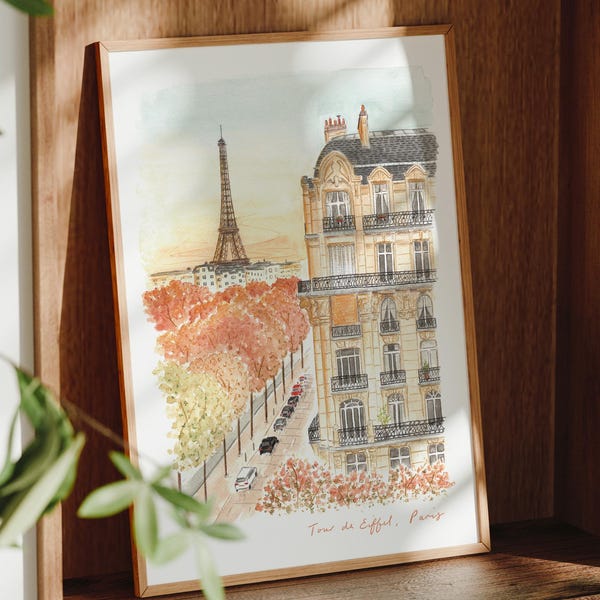 Eiffeltornets konsttryck, parisiskt hotell, Hotel Duquesne, Frankrike, akvarellmålning för resor